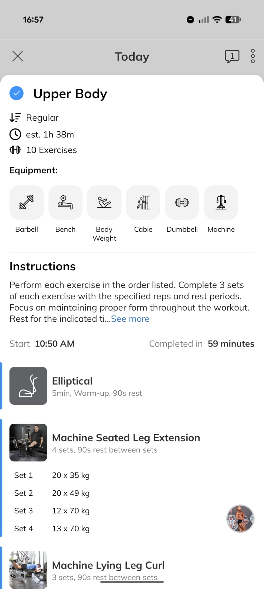 Completed upper-body workout showing exercises, sets, weights and instructions in the Trainerize app
